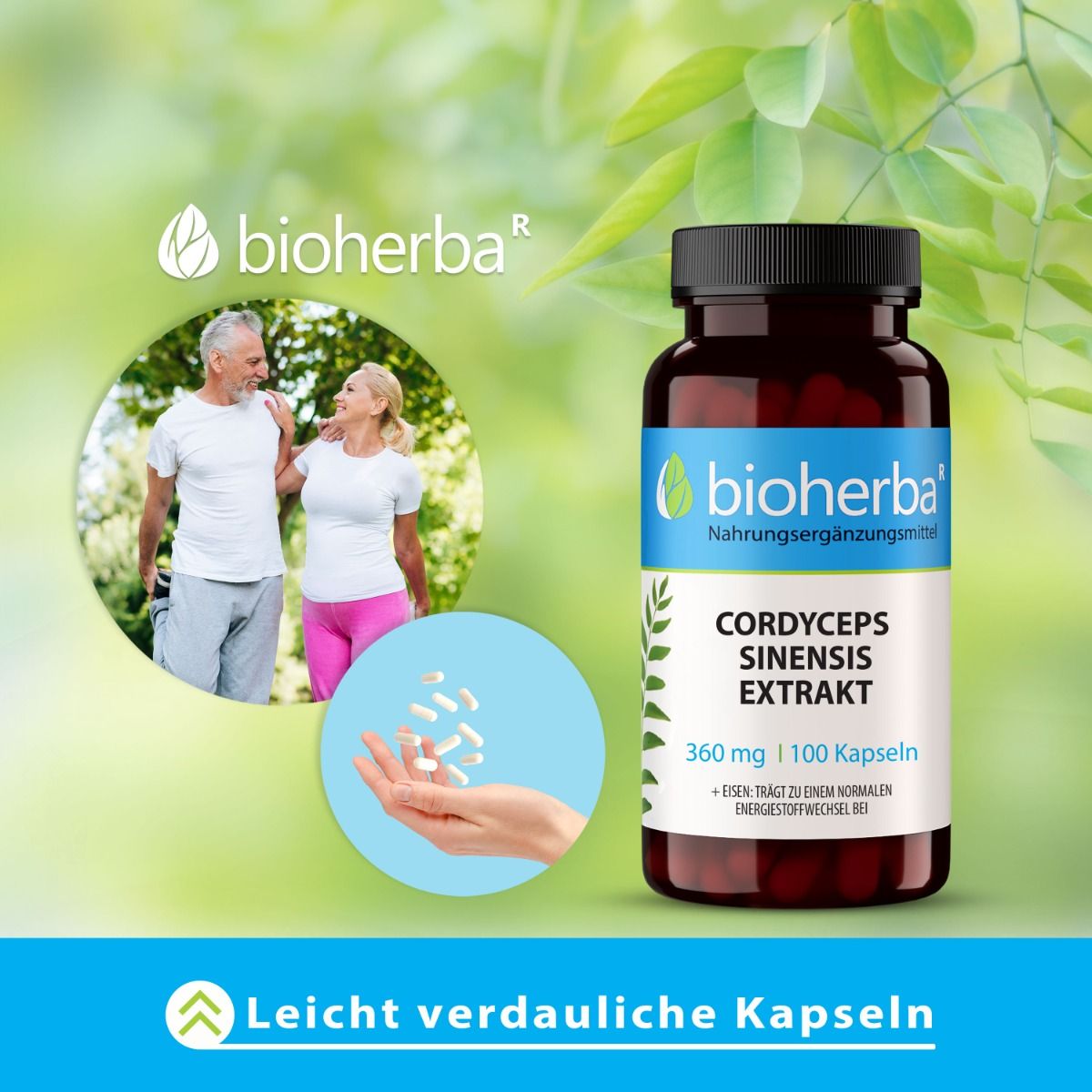 Braune Flasche Bioherba Cordyceps Sinensis Extrakt Kapseln. 360 mg, 100 Kapseln. Paar beim Sport. Leicht verdauliche Kapseln.