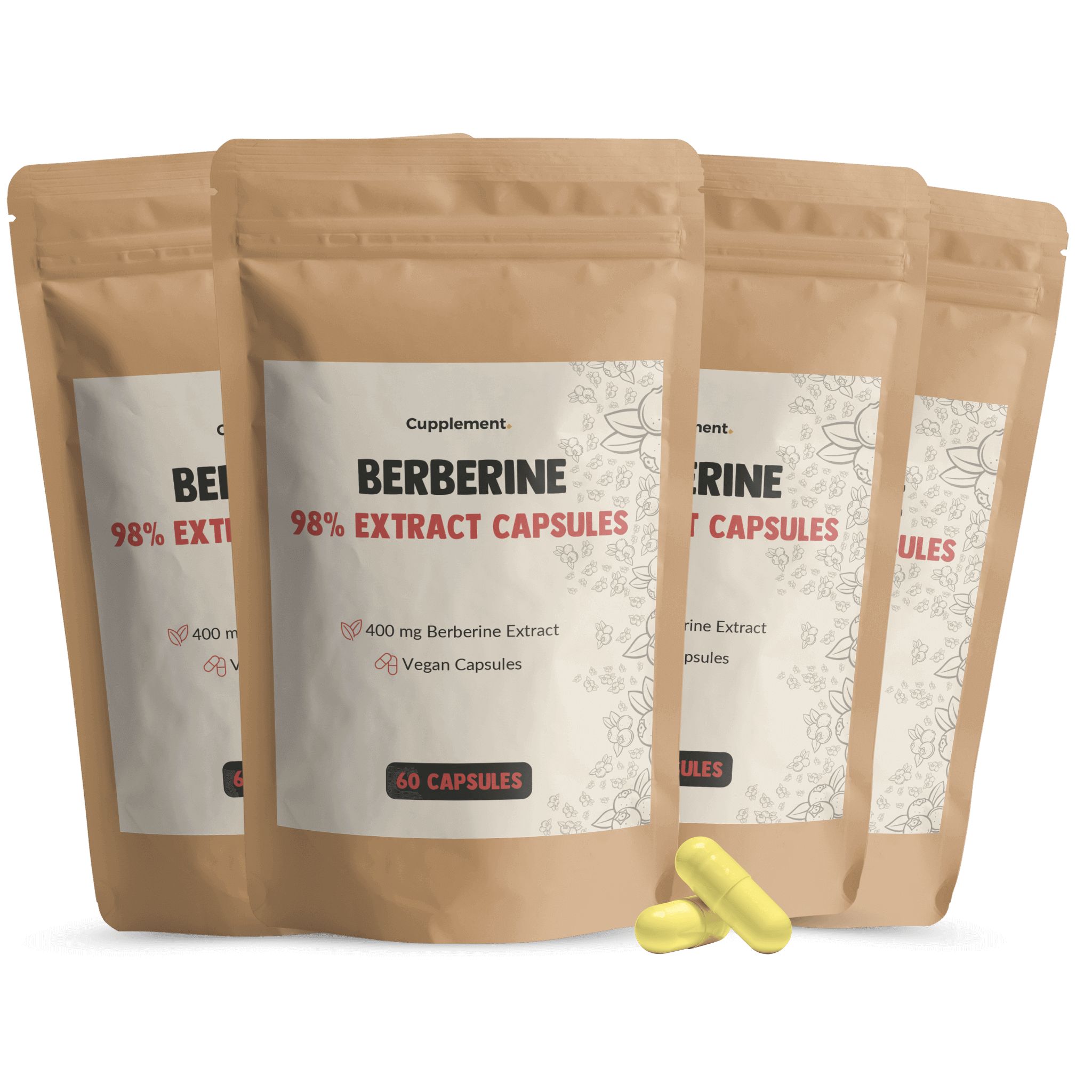 Beutel mit Berberin-Kapseln. 4 Beutel, gelbe Kapseln liegen daneben. Aufschrift: Berberine 98% Extrakt Capsules.