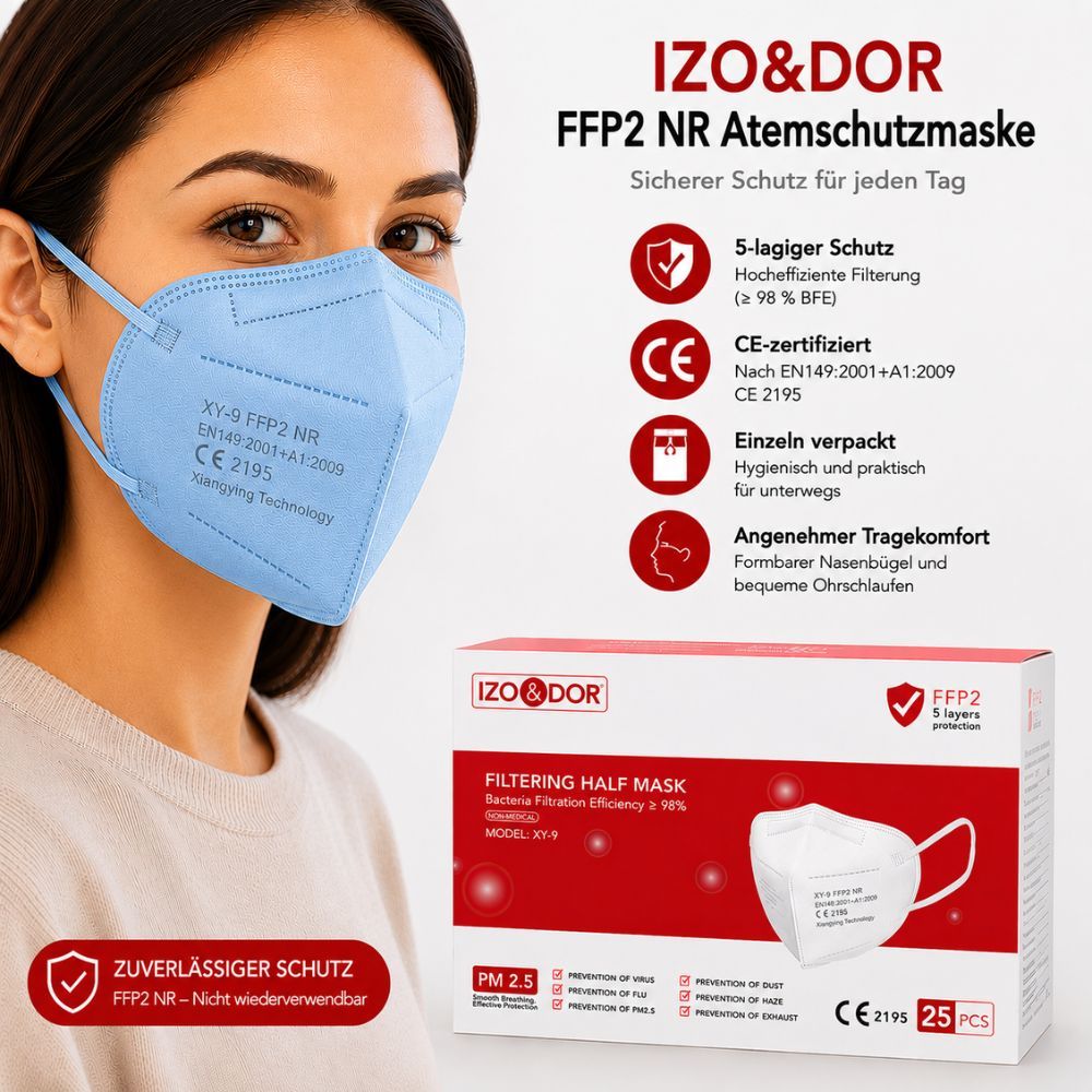 Frau mit hellblauer FFP2 NR Maske. Verpackung zeigt 5-lagigen Schutz, CE-Zertifizierung, Einzelverpackung.
