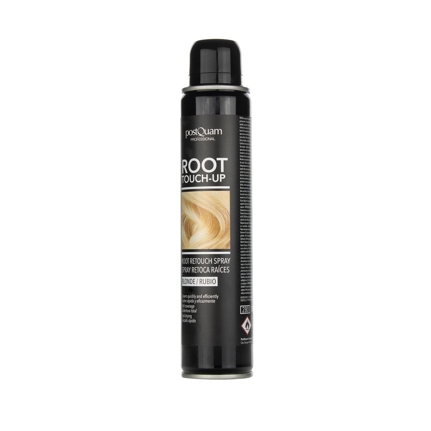 Schwarze Sprühdose mit "PostQuam" und "ROOT TOUCH-UP" Schriftzug. Blondes Haar-Beispiel. "BLONDE/RUBIO" Text.