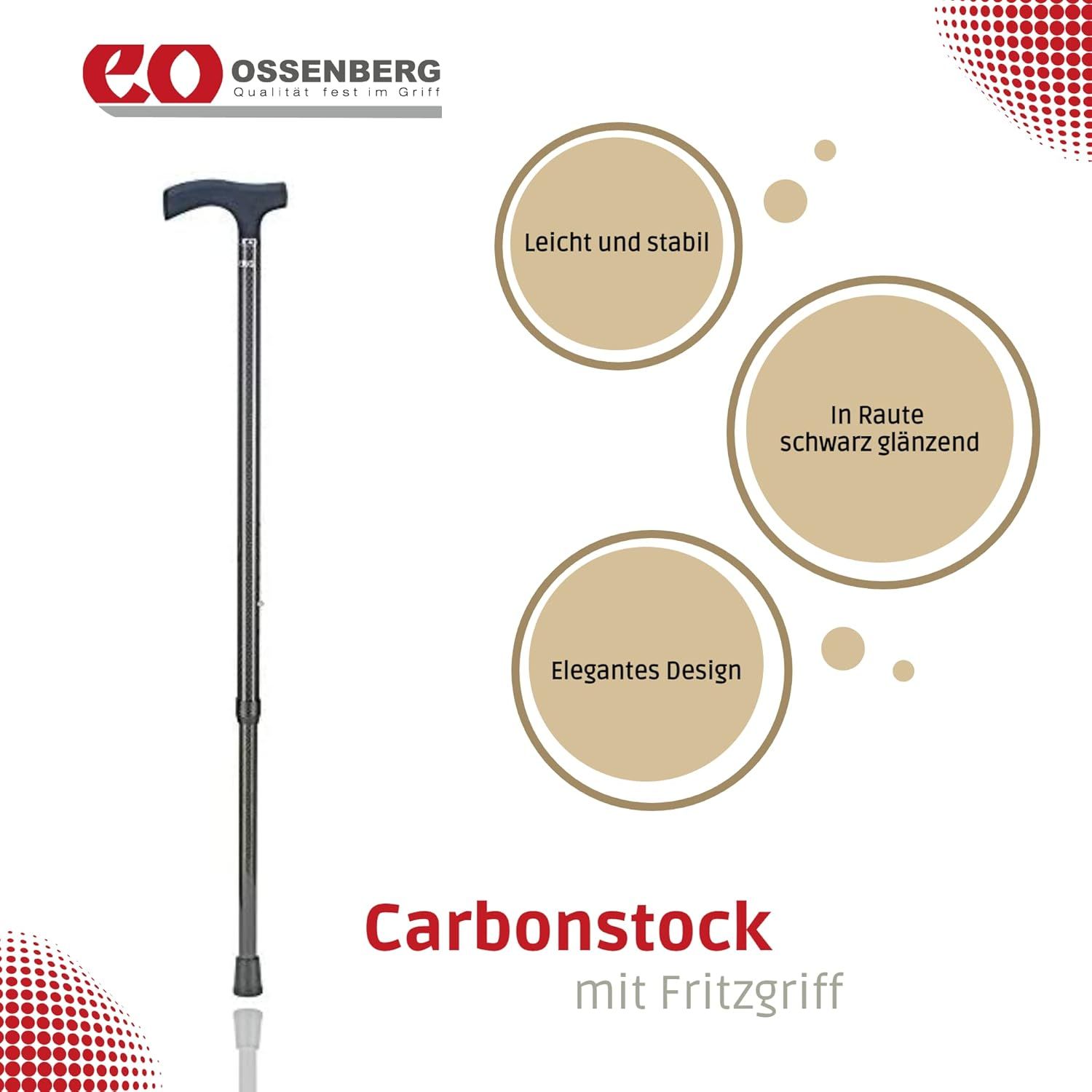 Ossenberg Carbonstock mit Fritzgriff – verstellbarer Gehstock mit Rautenmuster, bis 120 kg