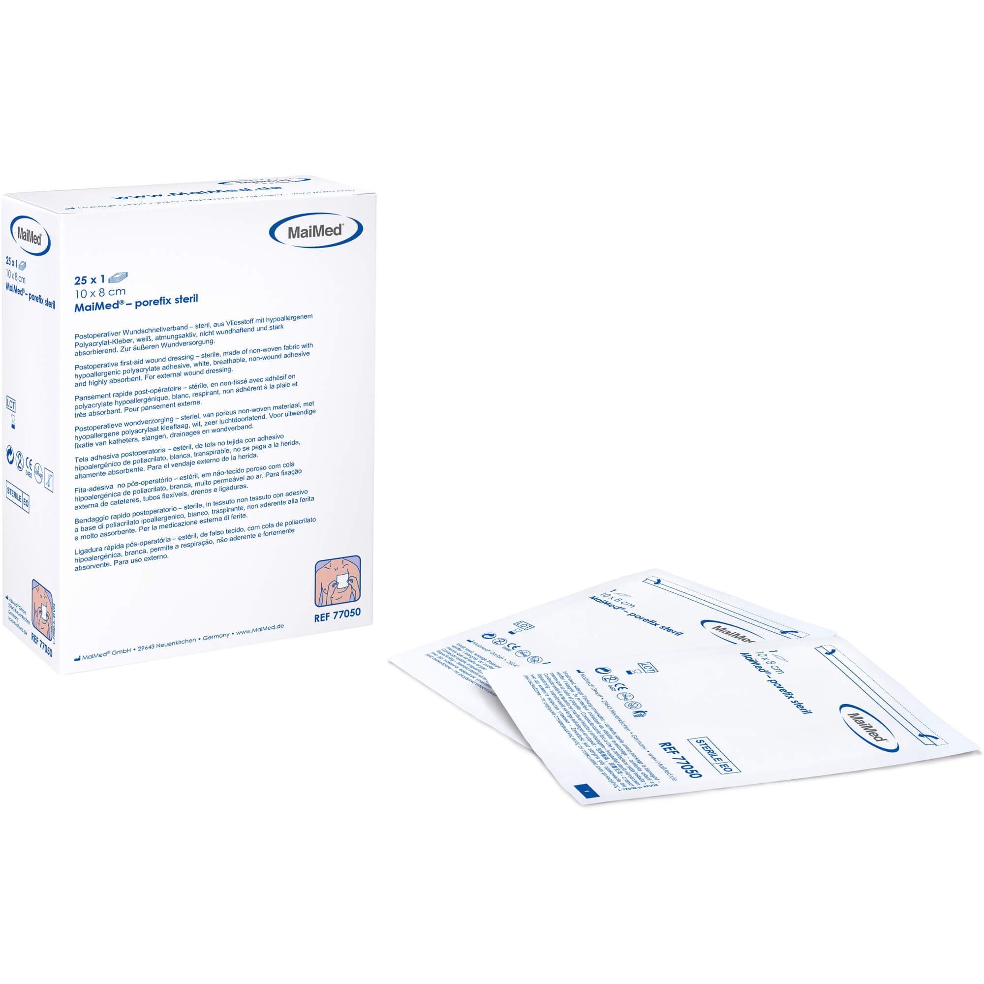 MaiMed porefix Wundschnellverband-Packung und Einzelverpackungen. 10 x 8 cm. Weiße Verpackung mit Produktinformationen.