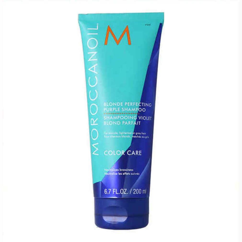 Türkisfarbene Tube mit lila Shampoo-Aufschrift. Marke Moroccanoil. Text: Blonde Perfecting Purple Shampoo. 6.7 fl.oz/200ml.