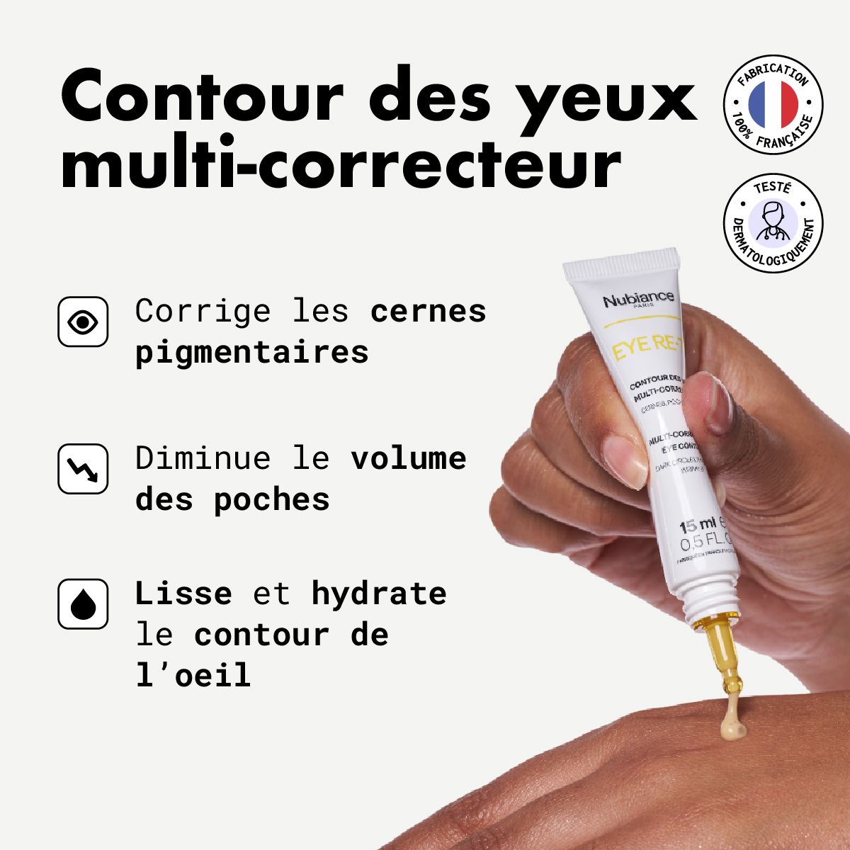 Korrekturcreme in Tube. Aufschrift: Nubiance, EYE RE-7, Contour des yeux multi-correcteur, 15 ml. Hand hält Tube.