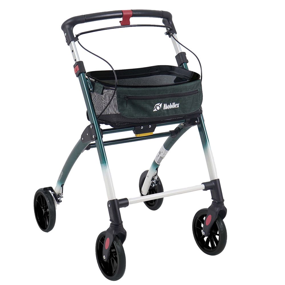 Vierrädriger Rollator mit dunkelgrünem Netzkorb und silbernen Akzenten.