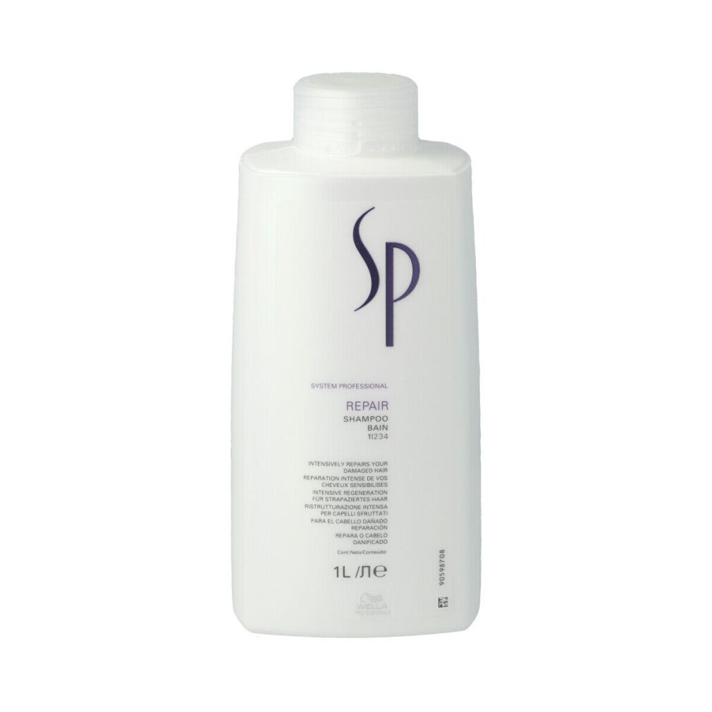 Weiße Shampoo-Flasche mit lila Schriftzug. Enthält "SP", "Repair Shampoo" und "1L".