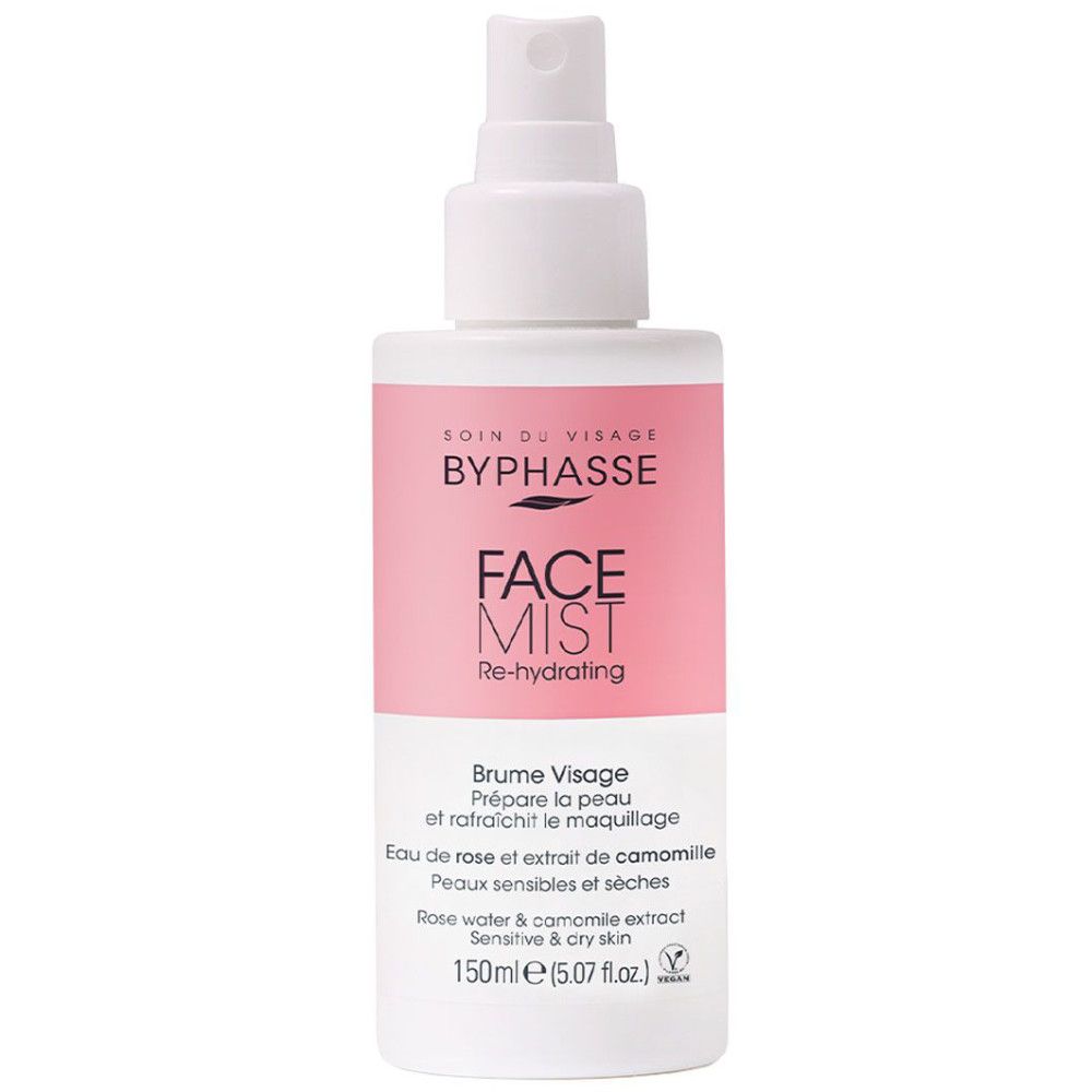 Gesichtsspray mit rosa Etikett. Text: Byphasse, Face Mist, re-hydrating. Flasche mit Sprühkopf.