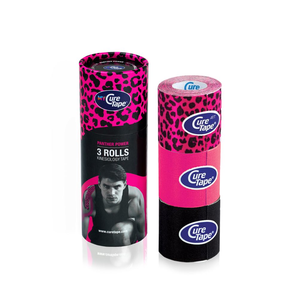 Zylindrische Verpackung mit 3 Rollen Kinesiotape. Rosa Leopardenmuster. Aufschrift: My CureTape®.