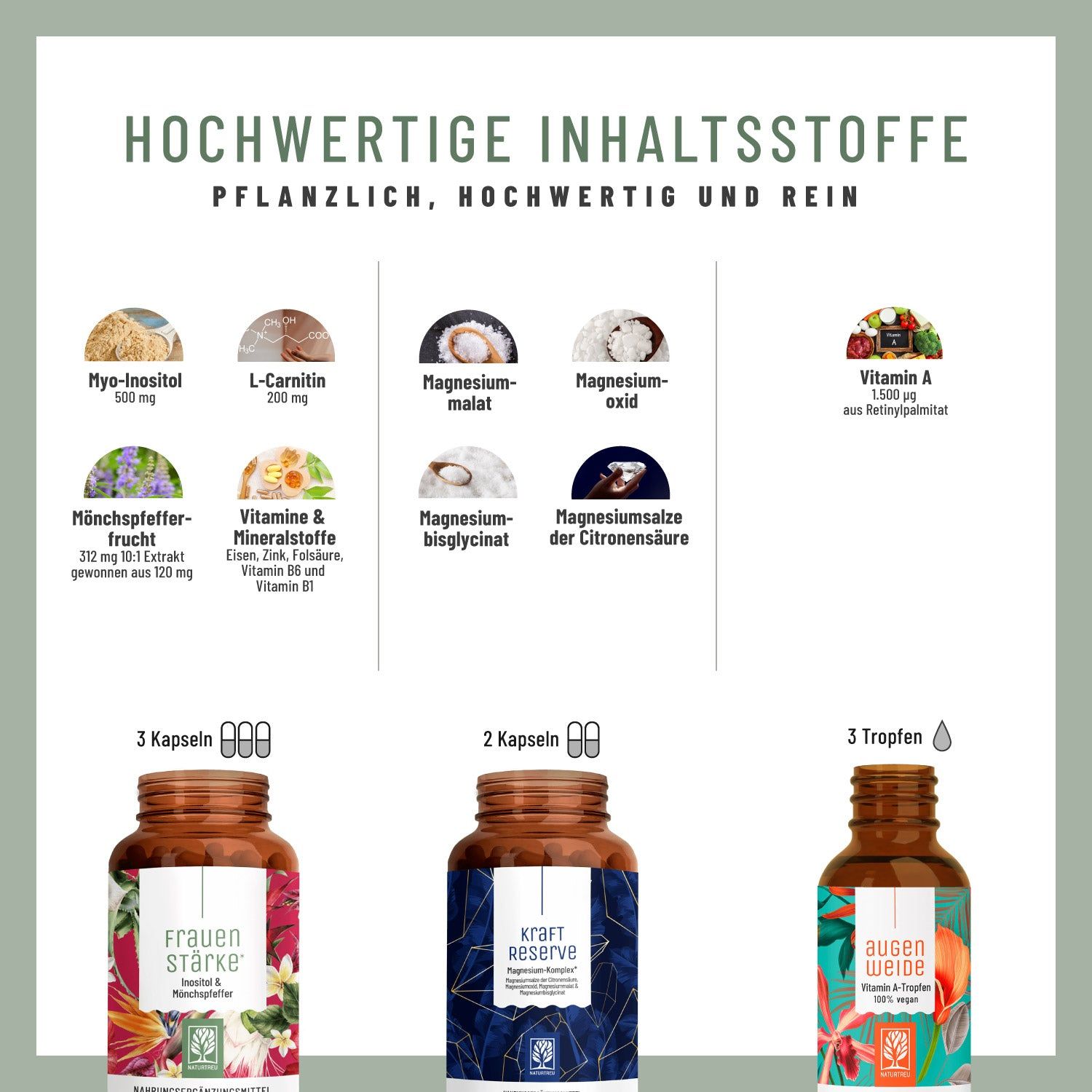 Infografik mit Inhaltsstoffen. Kapseln und Tropfen. FRAUENSTÄRKE, KRAFT RESERVE, AUGENWEIDE. Hochwertige Inhaltsstoffe. Vegan.
