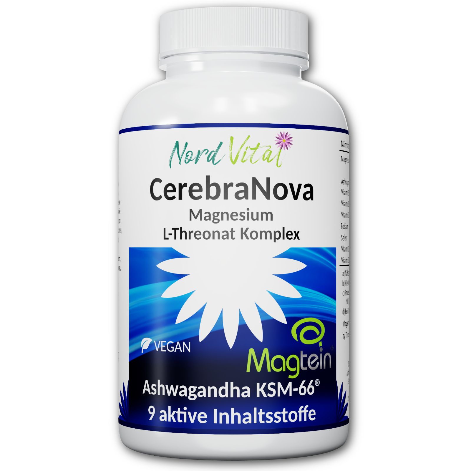 Flasche Nord Vital CerebraNova. Enthält Magnesium L-Threonat, Ashwagandha. Vegan. Weiße Flasche mit blauem Etikett. 9 aktive Inhaltsstoffe.