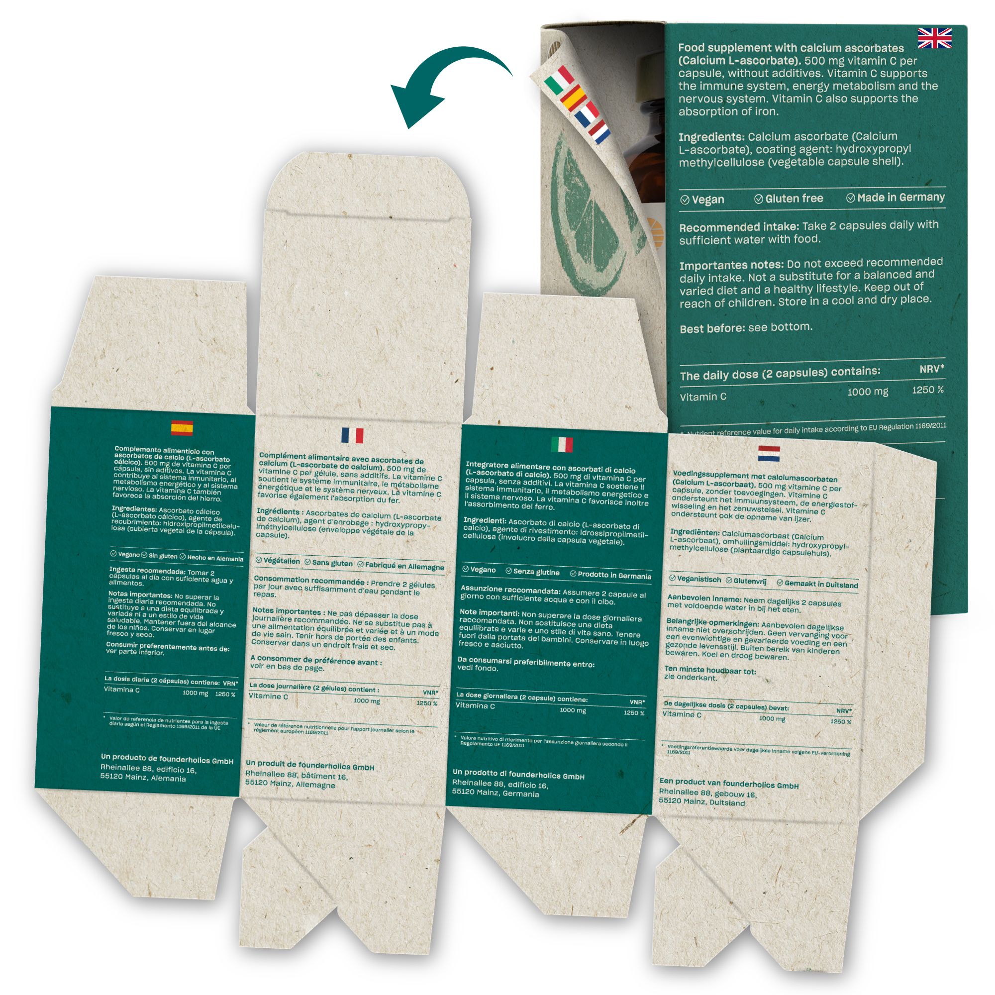 Ausgeklappte Verpackung mit Text in Deutsch, Englisch, Französisch, Italienisch. Enthält Informationen zu Vitamin C.