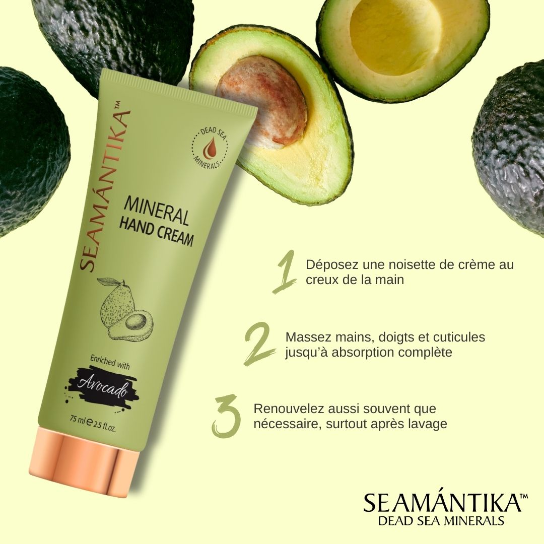 Tube de crème pour les mains verte avec avocat. Texte: SEAMANTIKA, Mineral Hand Cream, Avocado. Étapes d'utilisation: 1. appliquer, 2. masser, 3. répéter.