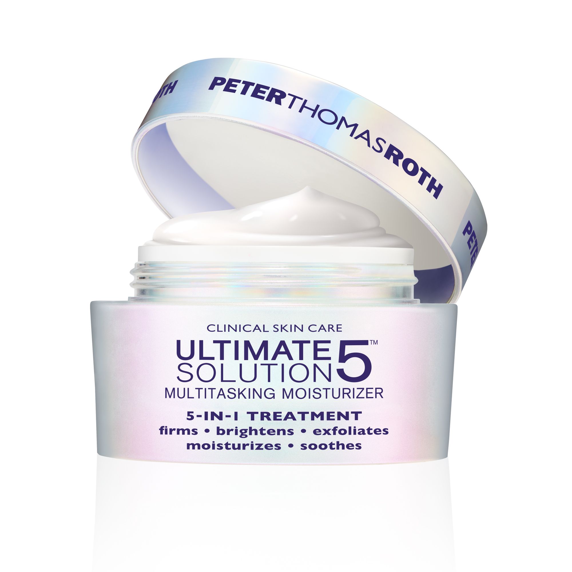 Tiegel mit Creme. Deckel geöffnet, zeigt Produkt und Schriftzug PETERTHOMASROTH. Auf dem Tiegel steht ULTIMATE 5 SOLUTION.