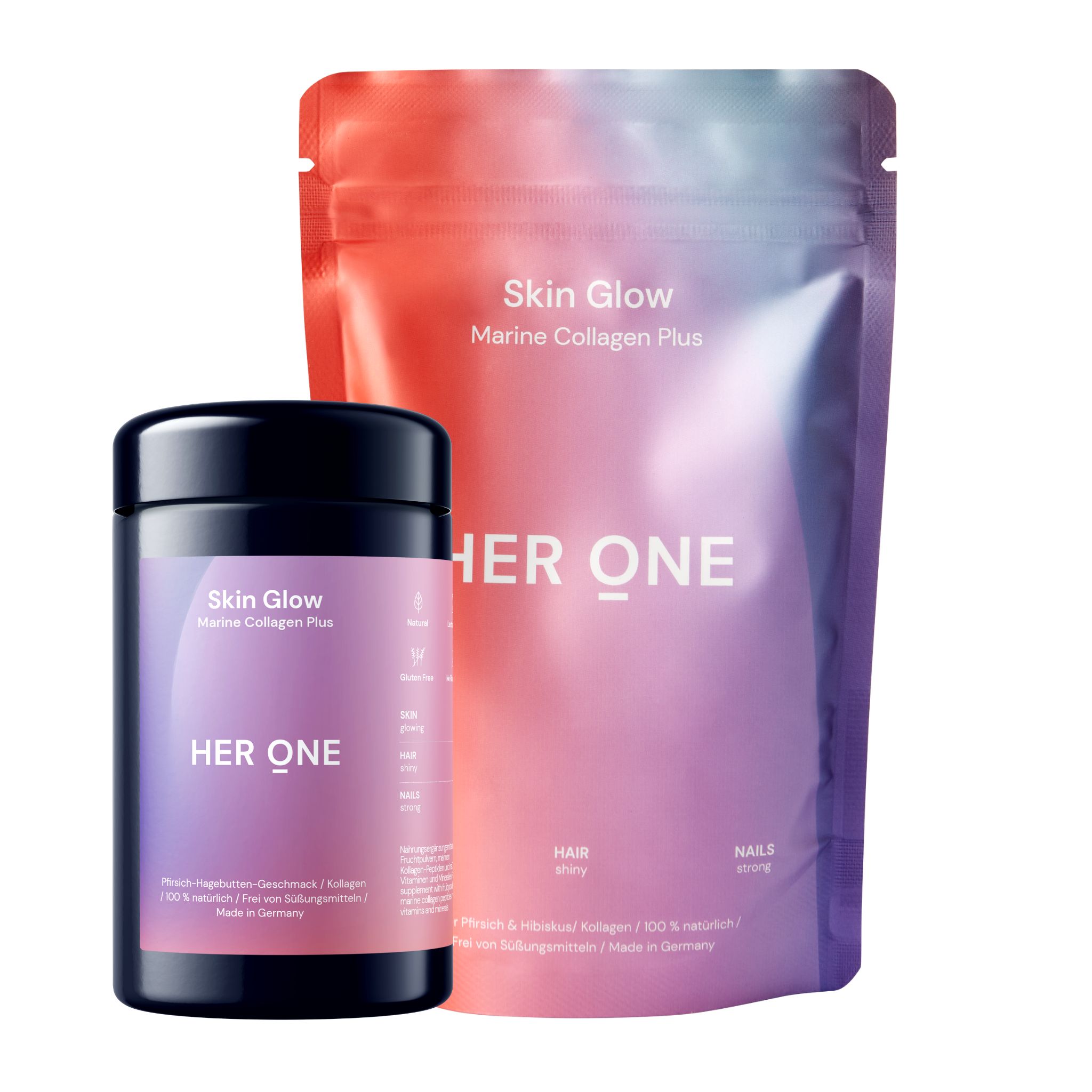 Zwei Behälter von HER ONE Skin Glow. Eine Dose und eine Tüte mit Produktinformationen und Markenlogo.
