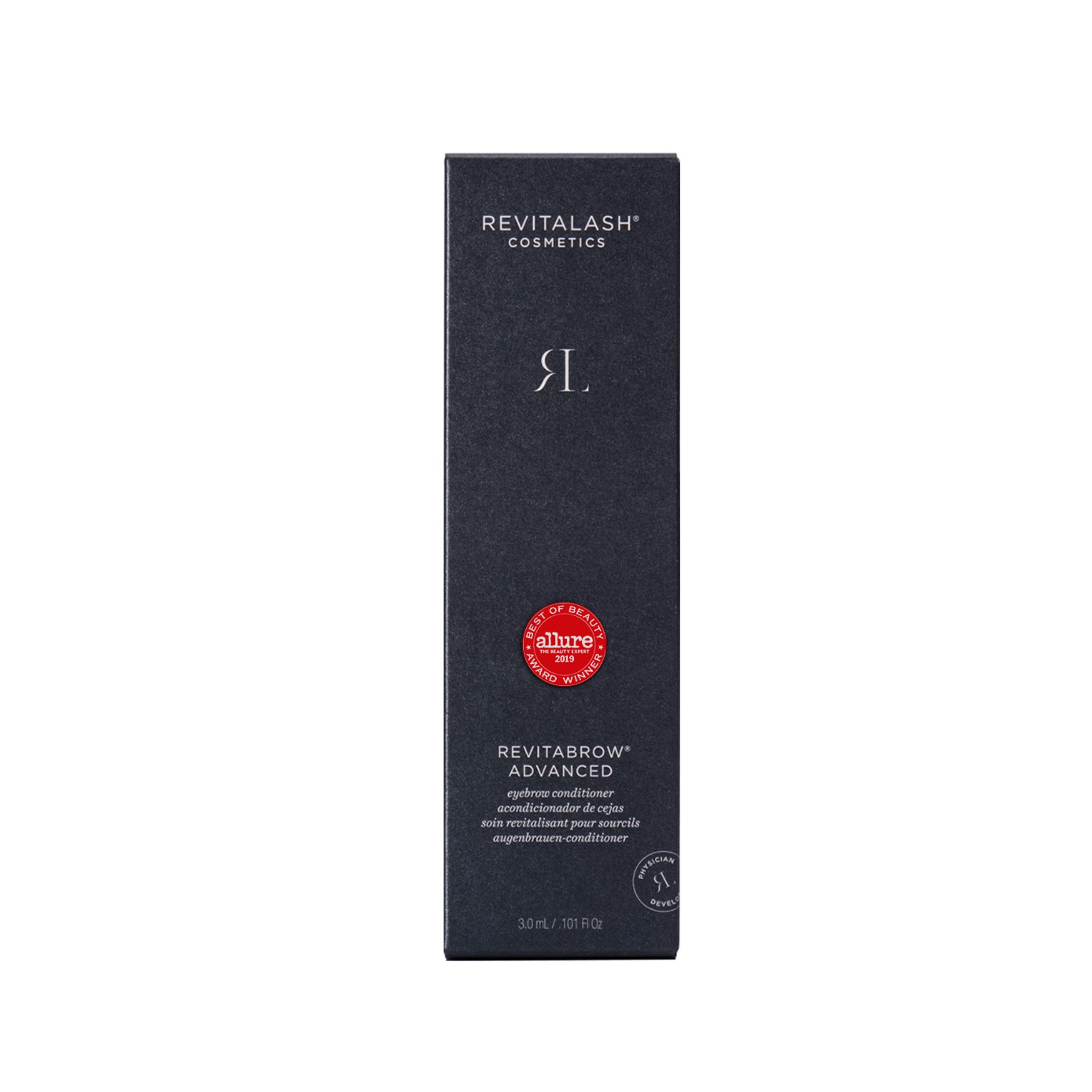 Dunkelgraue Verpackung mit rotem Kreis. Auf der Verpackung steht "RevitaBrow® Advanced".