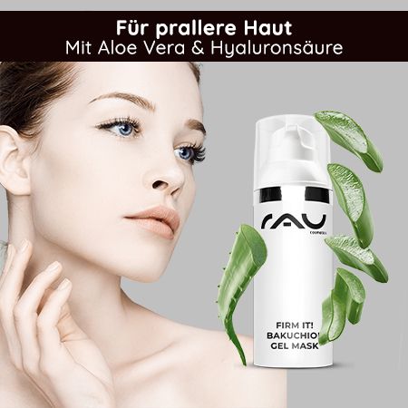 Weiße Flasche mit schwarzem Aufdruck. Text: Firm it! Bakuchiol Gel Mask. Aloe Vera Blätter.