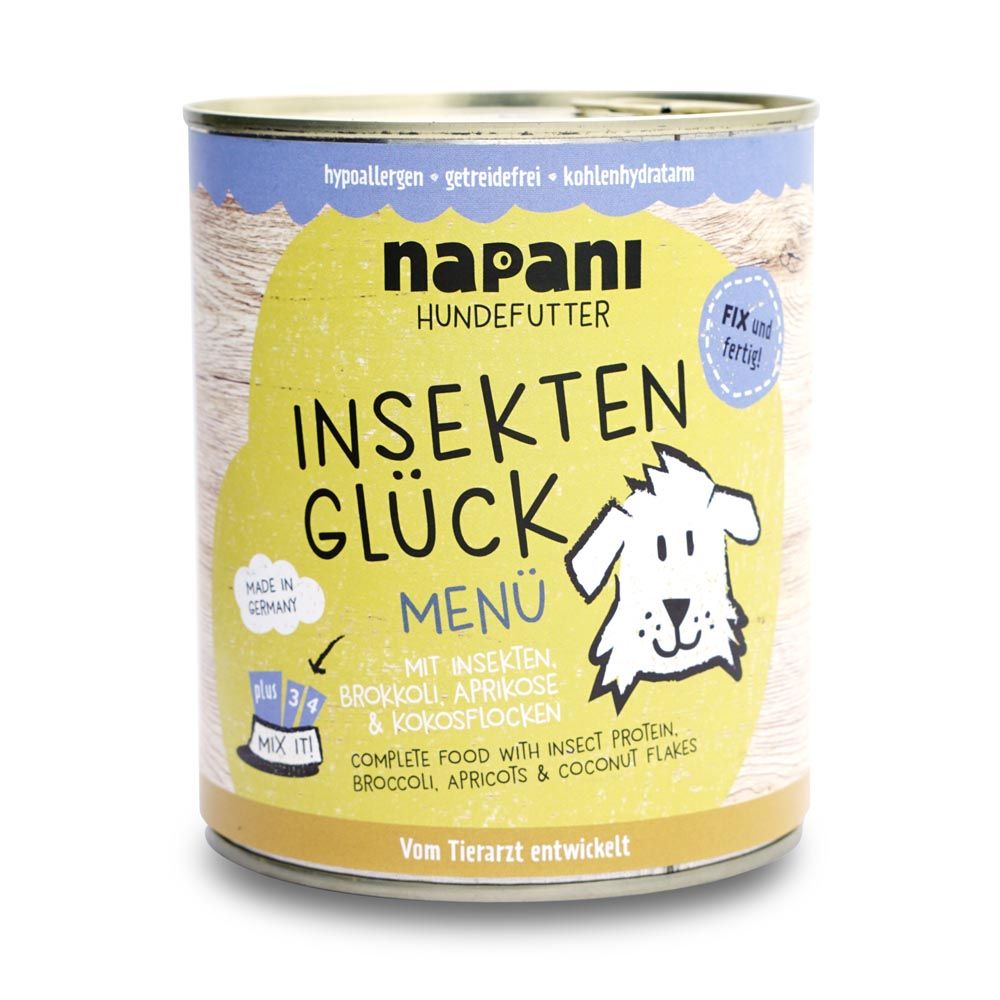 Hundefutterdose mit Aufschrift 'napani Insekten Glück Menü'. Enthält Insekten, Brokkoli, Aprikose & Kokosflocken. Dose mit blauem Deckel.