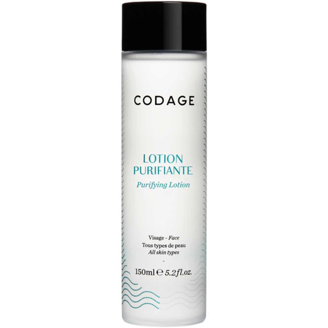 Codage Purifying Lotion. Weiße Flasche mit schwarzem Deckel. Aufschrift: Lotion Purifiante, 150ml. Für alle Hauttypen.