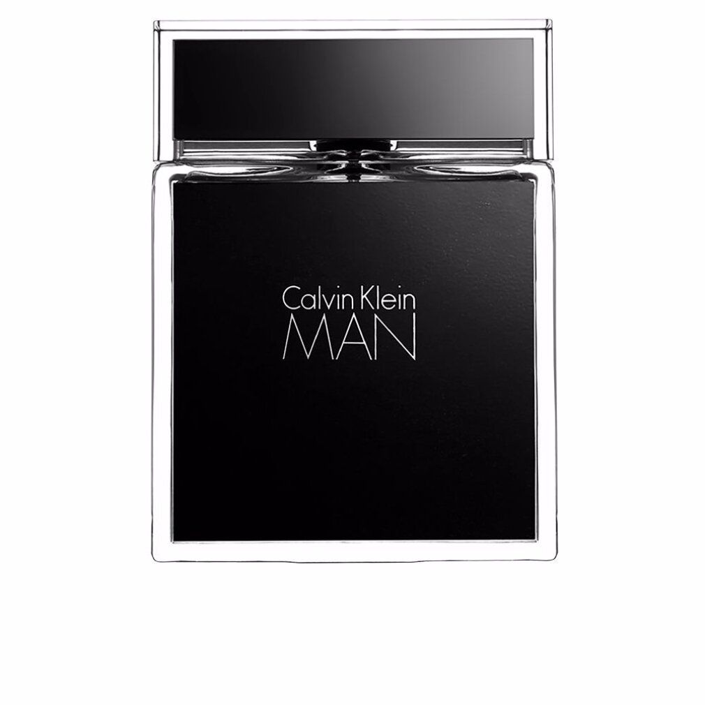 Calvin Klein MAN Flakon, rechteckig, transparent mit schwarzer Front. Schriftzug MAN und Calvin Klein. Transparenter Deckel.