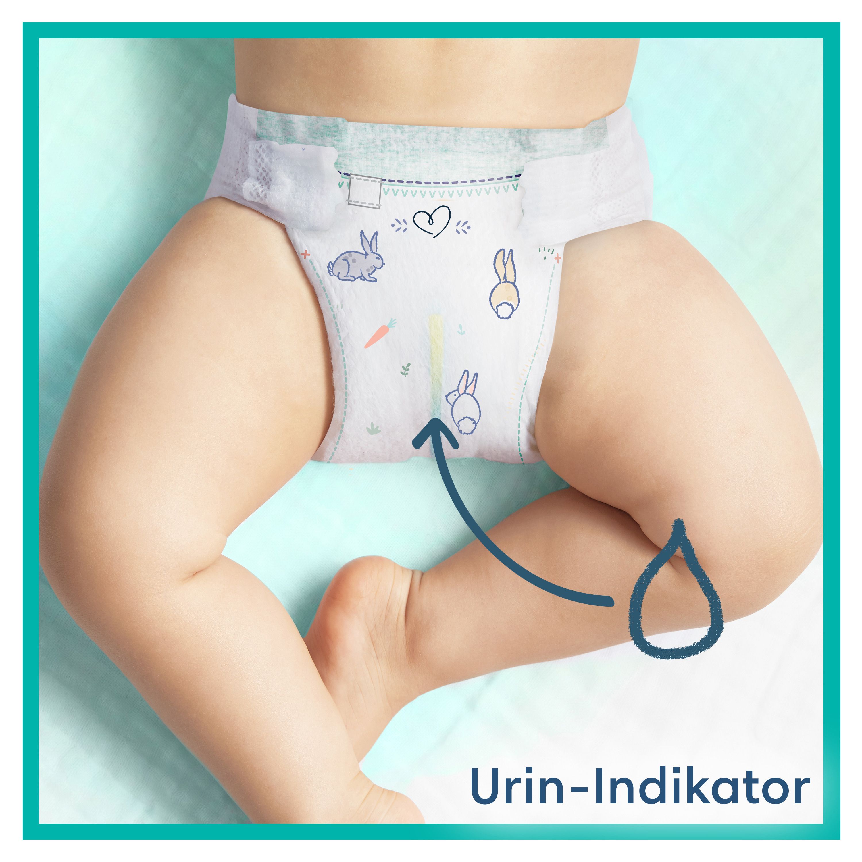 Baby krabbelt mit Pampers Harmonie Windel Größe 1 (2-5 kg). 0% Parfüm und Lotion.