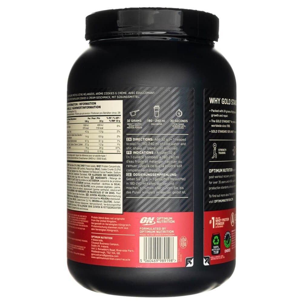 Rückseite einer Optimum Nutrition Gold Standard 100% Whey Dose. Enthält Nährwertangaben und Anwendungshinweise.