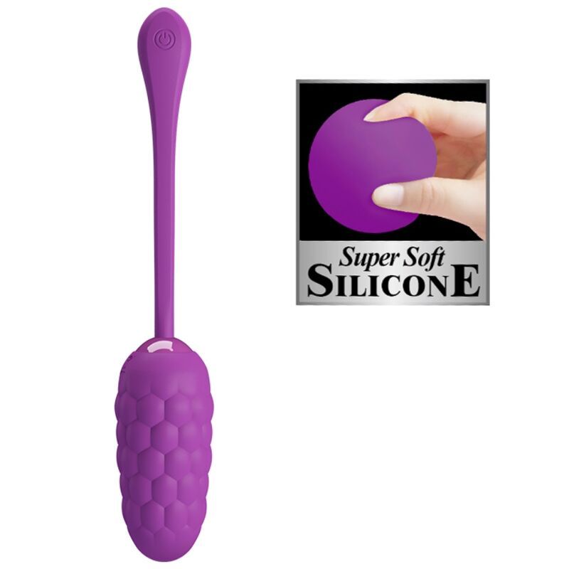 Lila Vibrations-Ei mit strukturierter Oberfläche und Stiel. Enthält ein Label mit 'Super Soft SILICONE'.