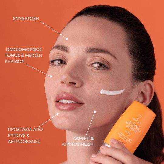 Frau mit Creme auf dem Gesicht. Produktname und SPF50 sichtbar. Text-Annotationen auf orangefarbenem Hintergrund.