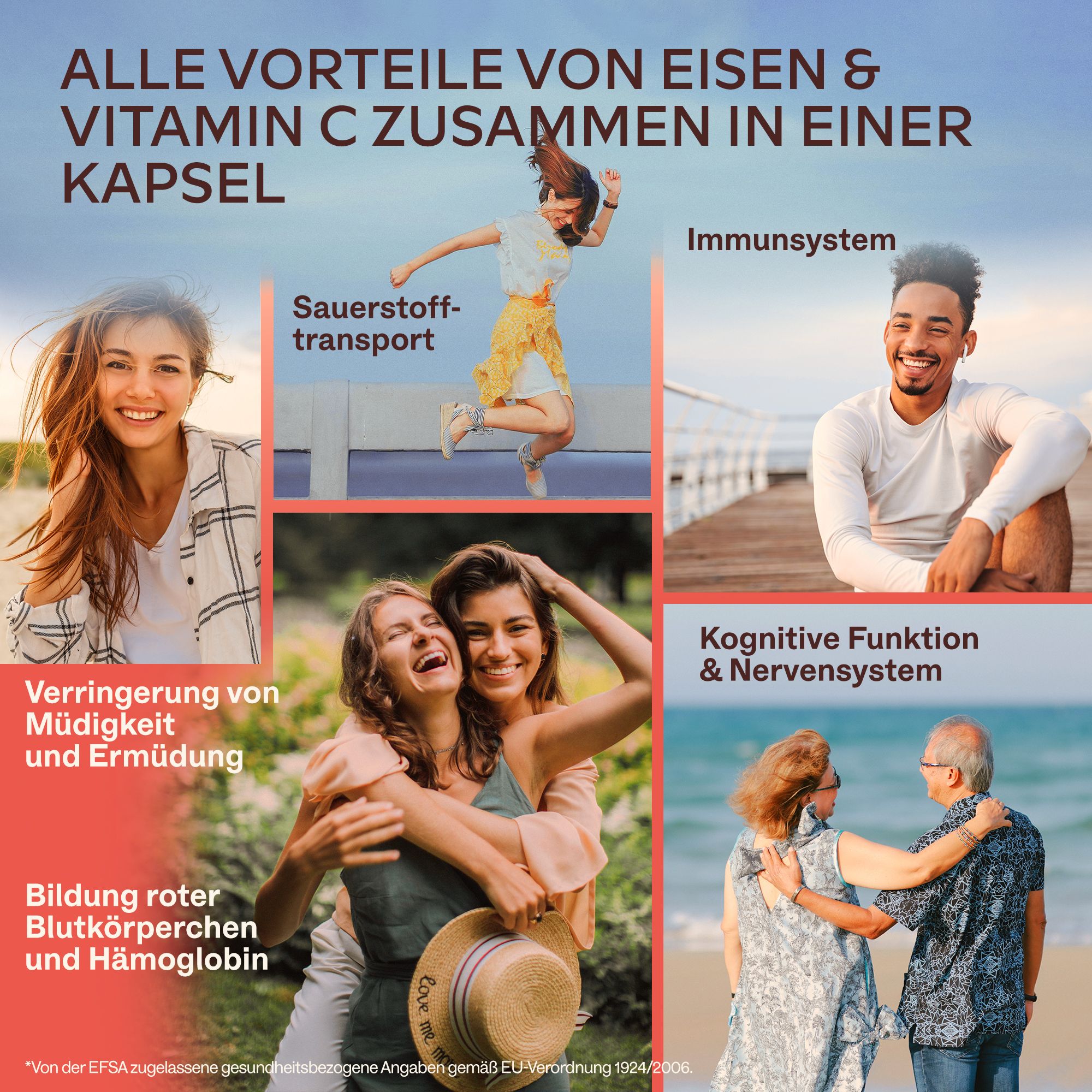 Text mit Bildern. Text: Vorteile von Eisen und Vitamin C. Bild: Menschen, die sich freuen.