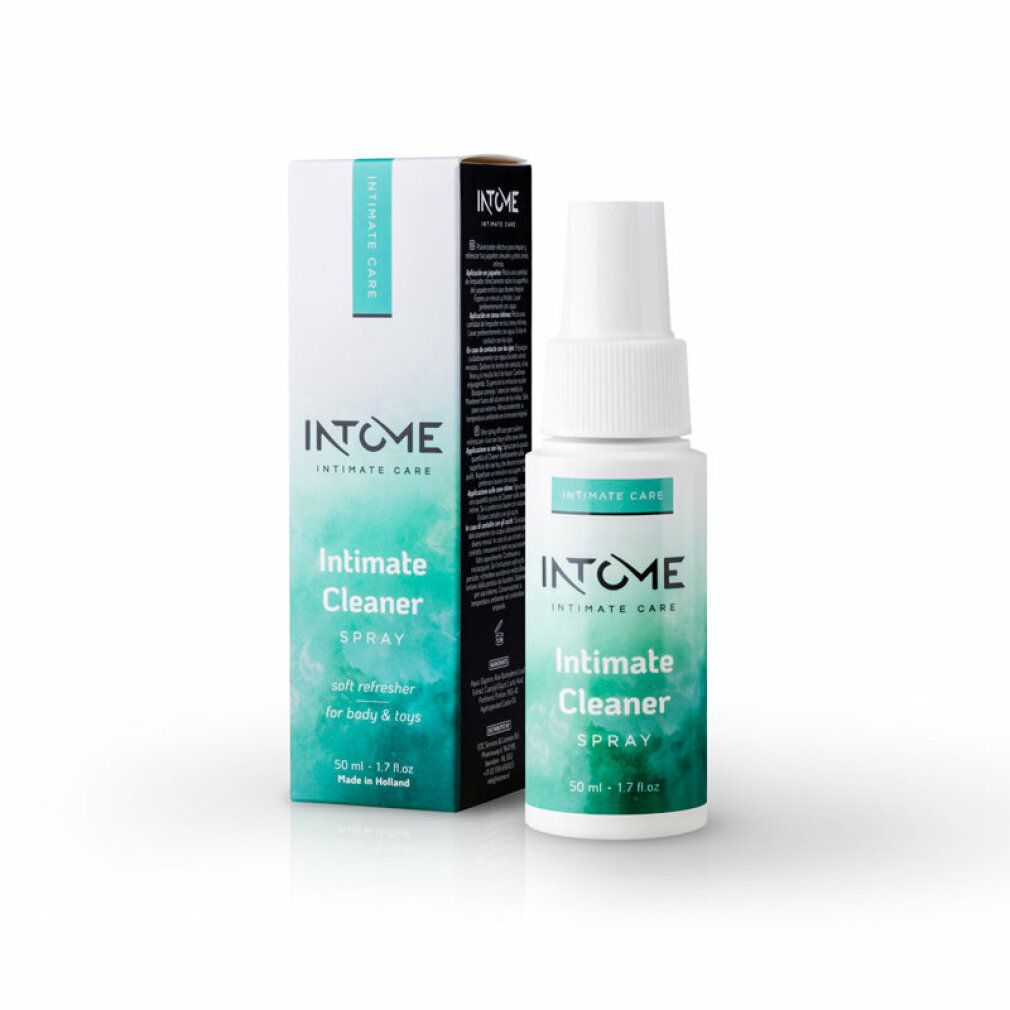 Intome Intimreiniger-Spray und Verpackung. Weißer Sprühflakon und Schachtel mit türkisfarbenem Design. Text: Intome, Intimate Care.