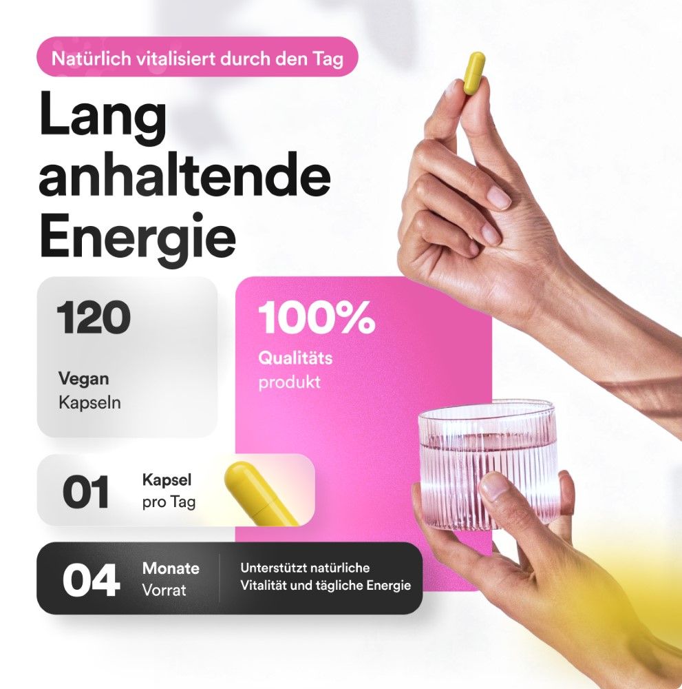 Hand hält Glas Wasser und Kapsel. Text: 120 vegane Kapseln, 100% Qualitätsprodukt, 1 Kapsel pro Tag, 4 Monate Vorrat.