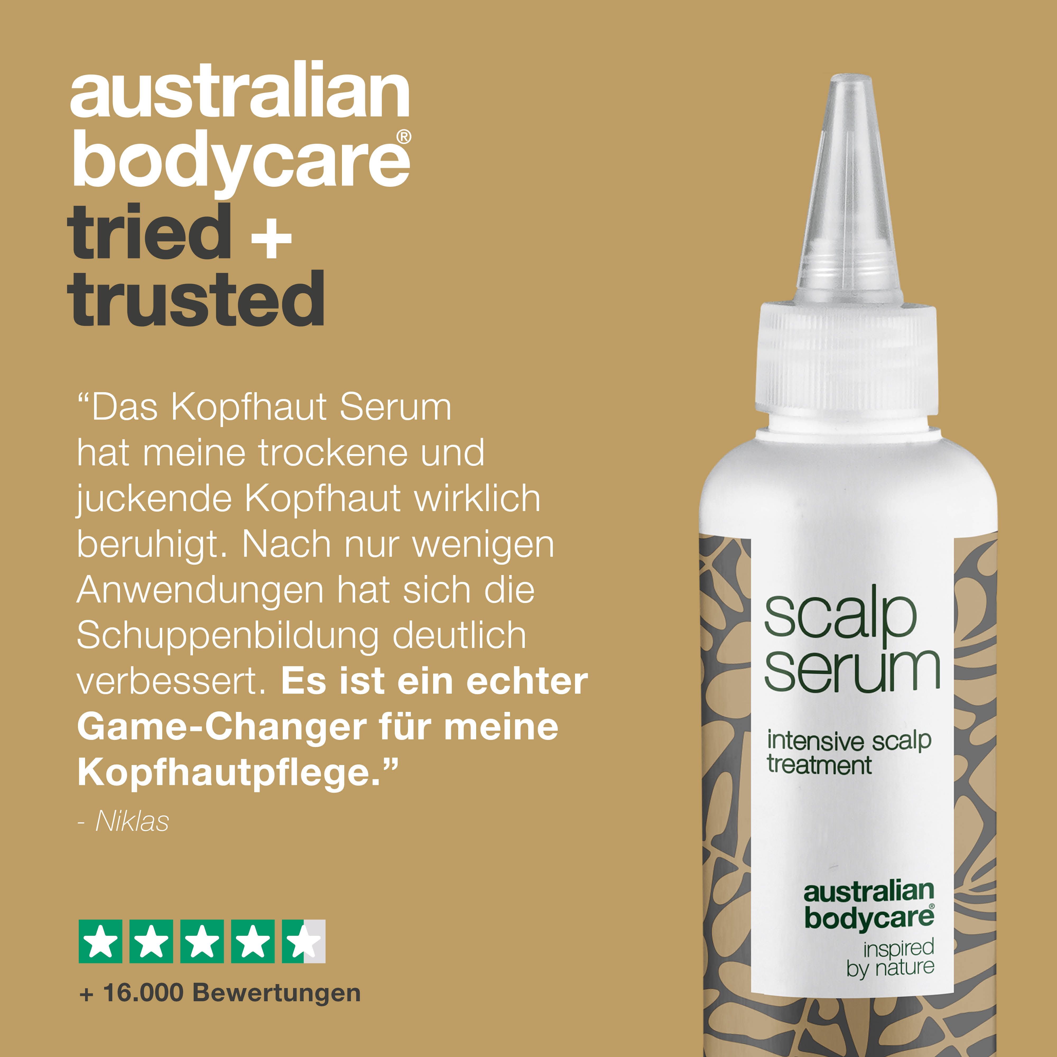Australian Bodycare: Tried + Trusted. Zitat und Bewertungen. Serumflasche: Scalp Serum, Australian Bodycare.