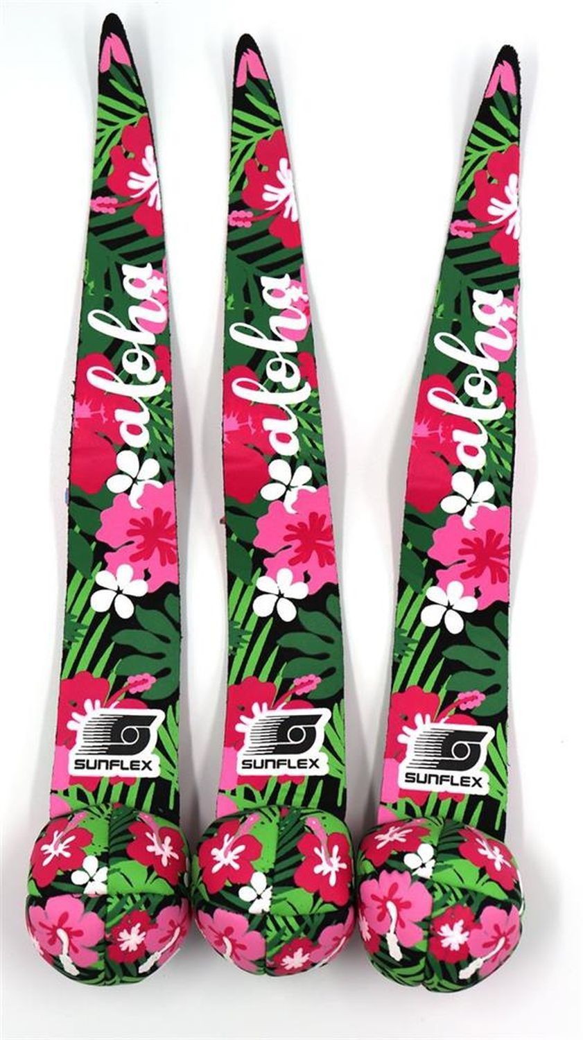 Drei Sunflex Tauchbälle Tropical Flower. Neopren, mit Blumenmuster. Aufschrift 'aloha'. Marke Sunflex.