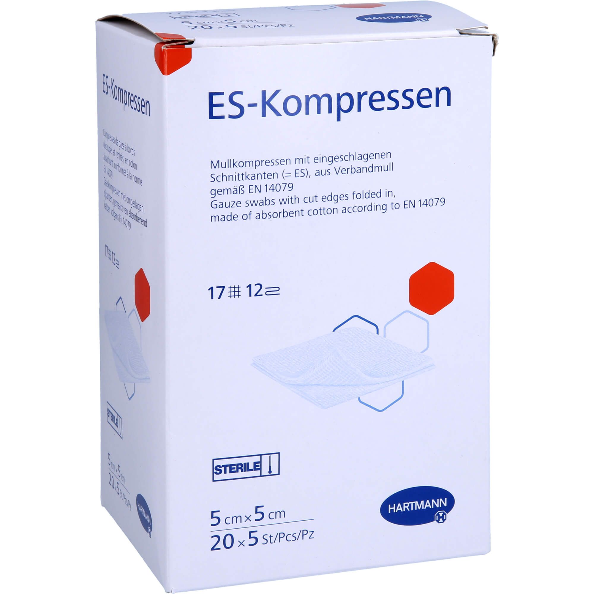 Hartmann ES-Kompressen-Box. Weiße Box mit Produktbezeichnung und Logo. Enthält Kompressen, 5x5 cm, 20x5 Stück.