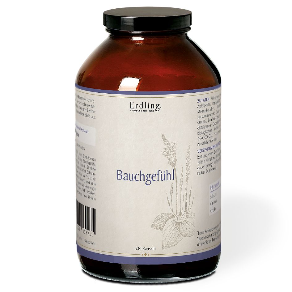 Braune Glasflasche mit schwarzem Deckel. Aufschrift "Erdling Bauchgefühl" und Illustration. 570 Kapseln.