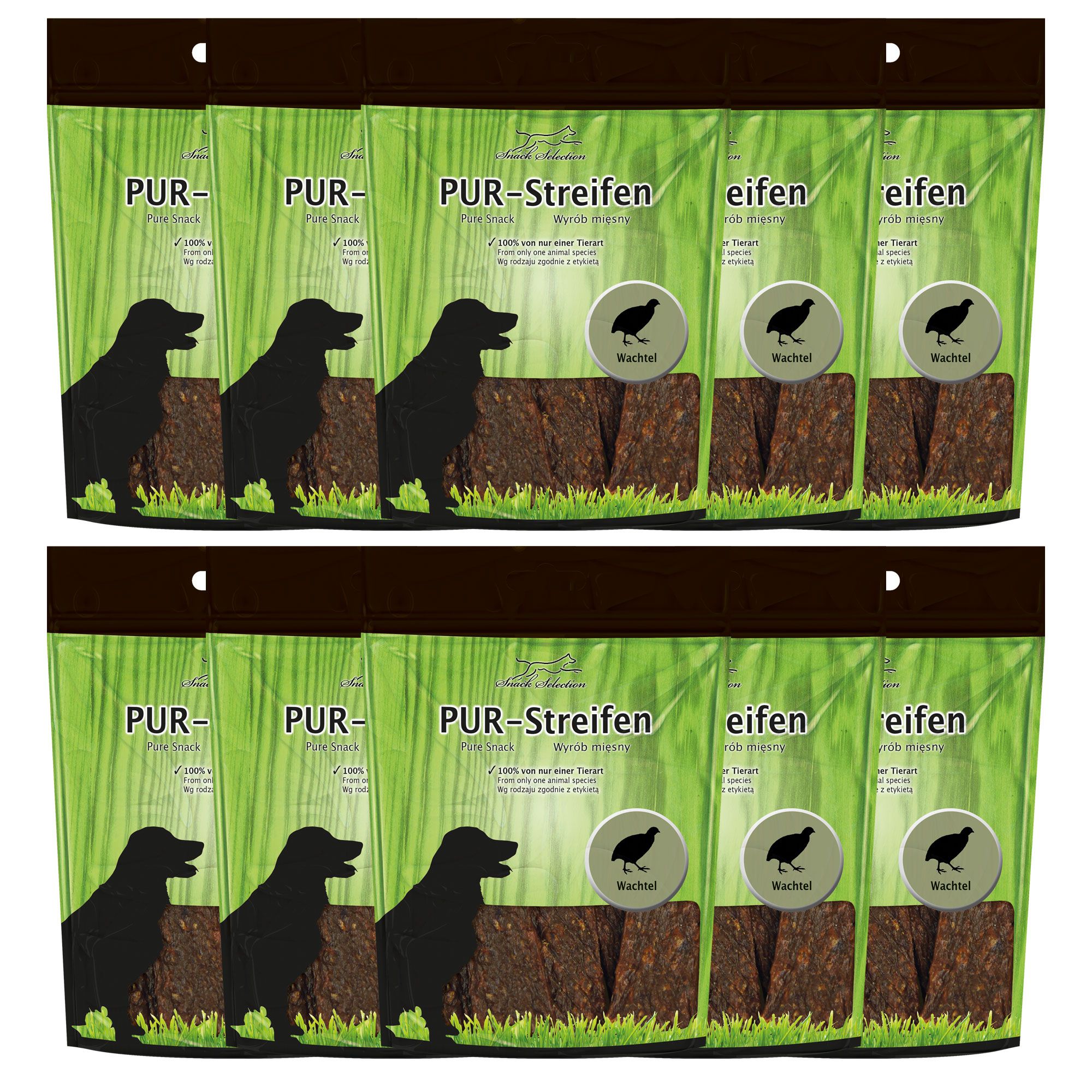 Mehrere Beutel Hundefutter PUR-Streifen Wachtel. Grün-weiße Verpackung mit Hundesilhouette und Wachtel-Symbol. Geöffnete Beutel mit Streifen sichtbar.