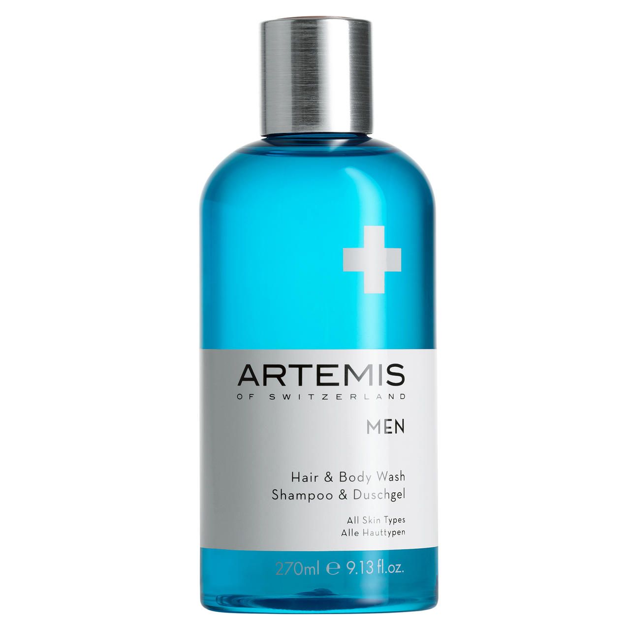 Blaues Artemis of Switzerland Men Hair & Body Wash. Weißes Kreuz-Logo. Silberner Deckel. Text: Shampoo & Duschgel, Alle Hauttypen.