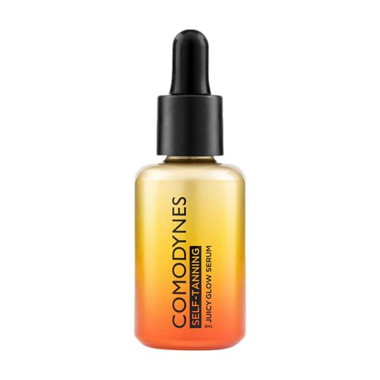 Flasche mit Selbstbräunungsserum. Farbverlauf von Orange nach Gelb. Schwarze Pipette. Aufschrift: COMODYNES, SELF-TANNING, JUICY GLOW SERUM.