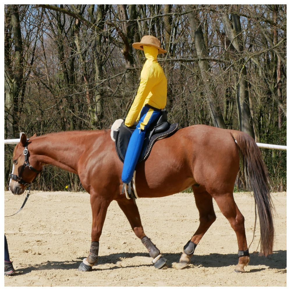 Eine gelb-blaue Anreitpuppe mit Hut sitzt auf einem Pferd. Das Pferd befindet sich auf einem Reitplatz.