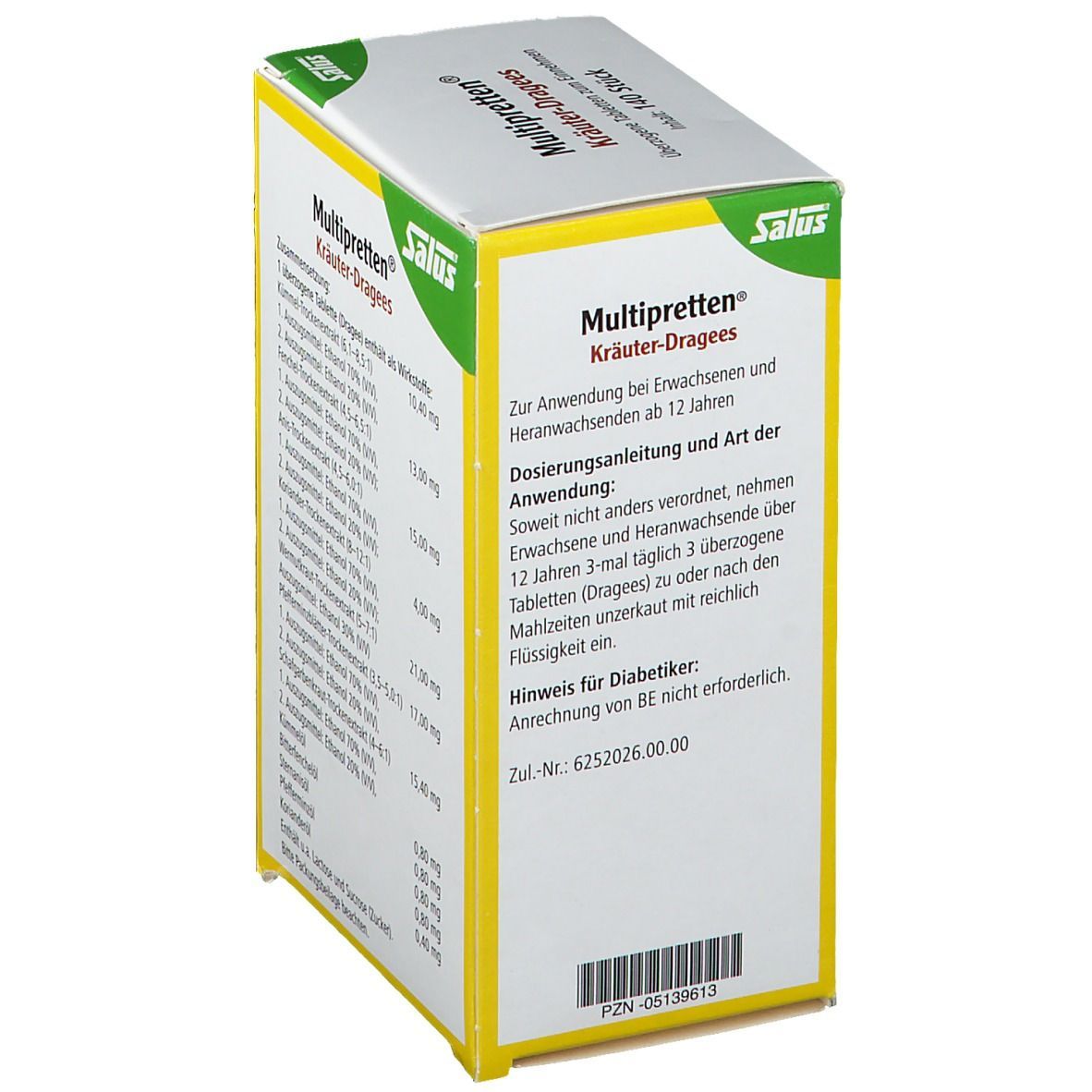 Karton von Salus® Multipretten® Kräuter-Dragees. Text: Anwendung, Dosierung, Hinweise für Diabetiker.