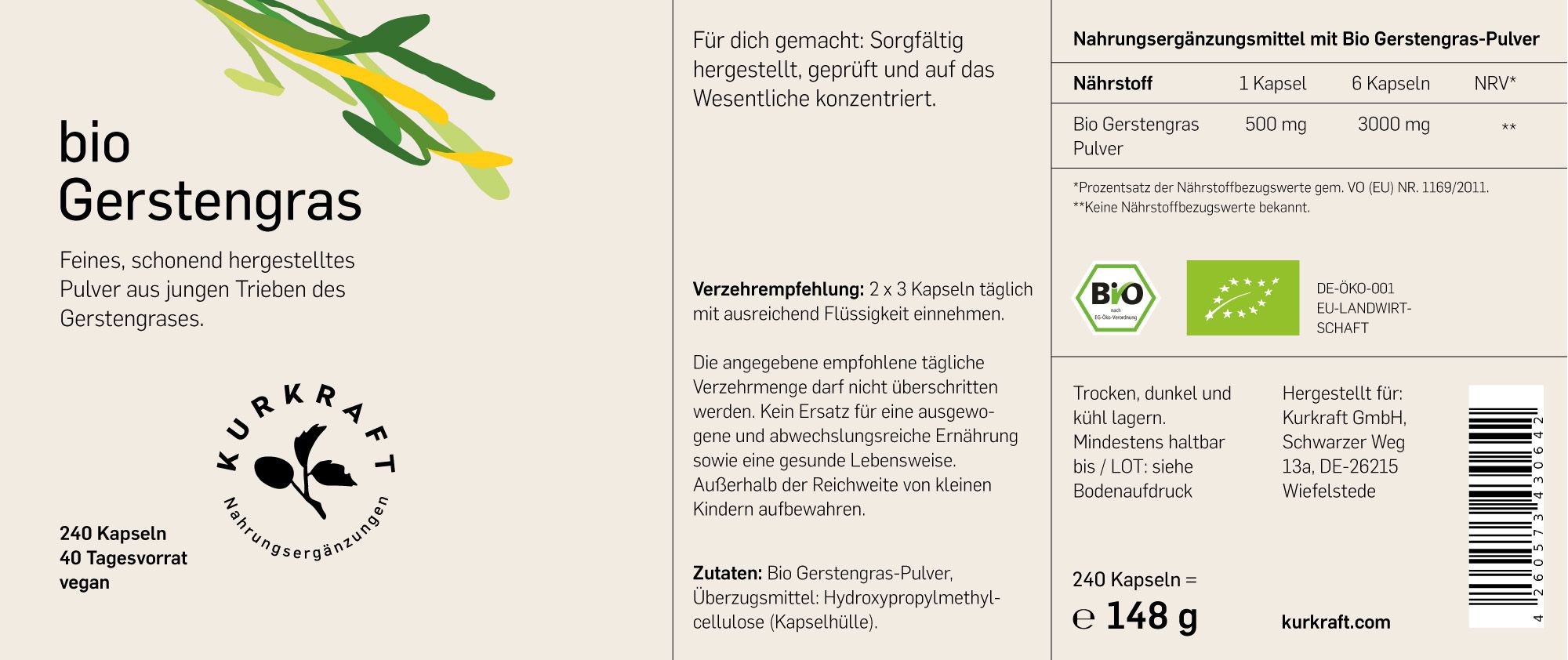 Etikett mit Produktinformationen. Bio Gerstengras, 240 Kapseln, 40 Tagesvorrat. Bio-Siegel. Kurkraft Logo.