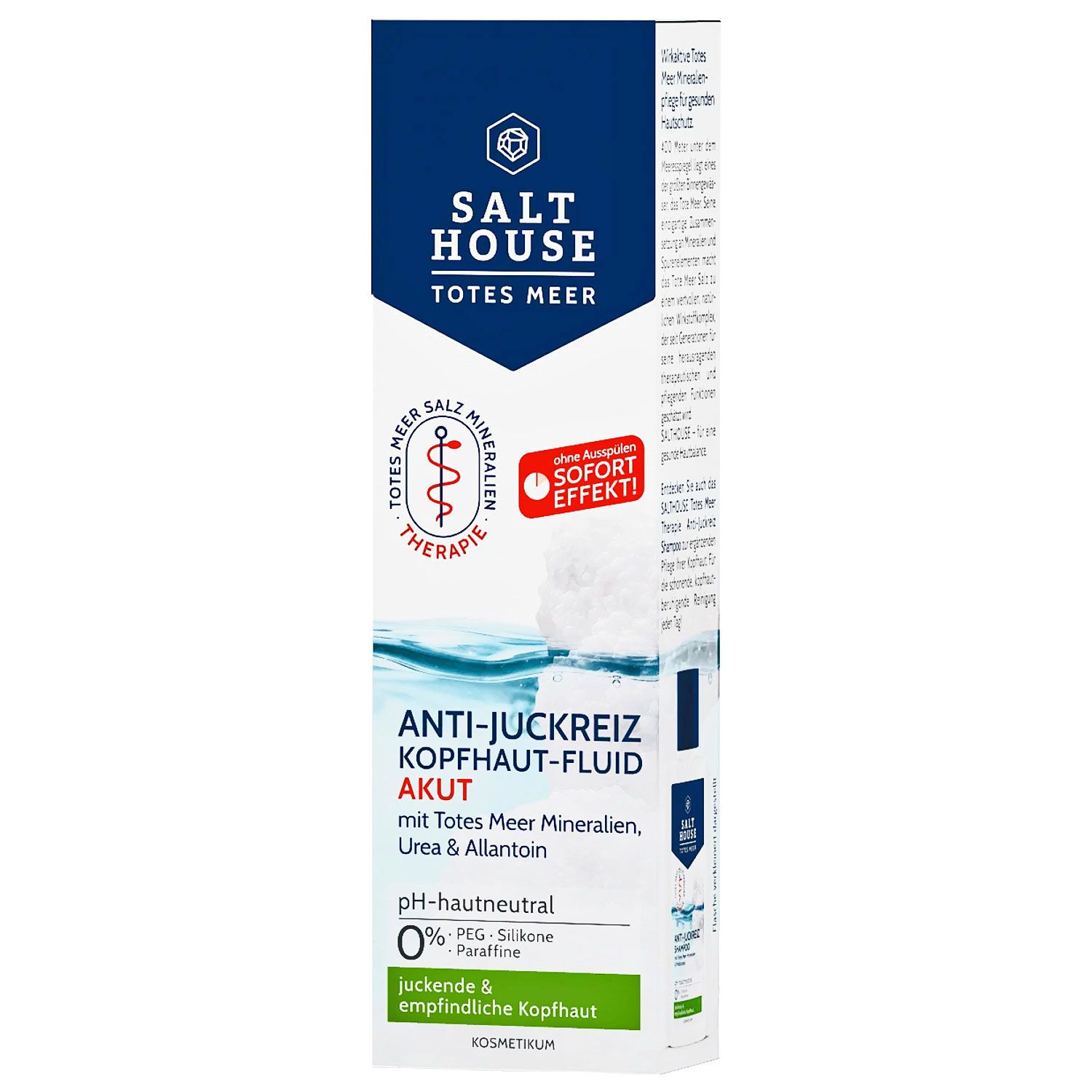 Verpackung von Kopfhaut-Fluid. Blau-weiße Schachtel mit Produktnamen und Logo. Text: Anti-Juckreiz Kopfhaut-Fluid Akut. Enthält Totes Meer Mineralien.