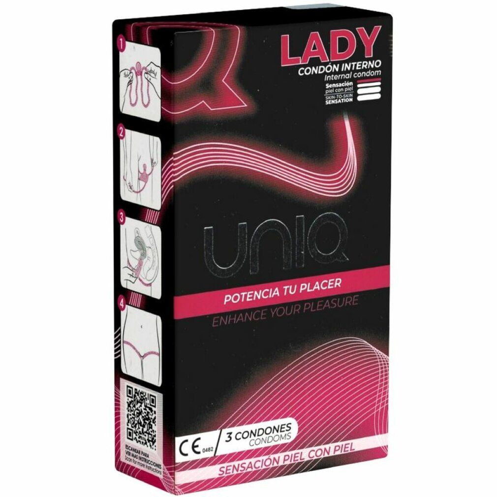 Verpackung mit Kondomen. Aufschrift: Lady, Condón interno, Uniq, Potencia tu placer, 3 condones. CE-Zeichen.