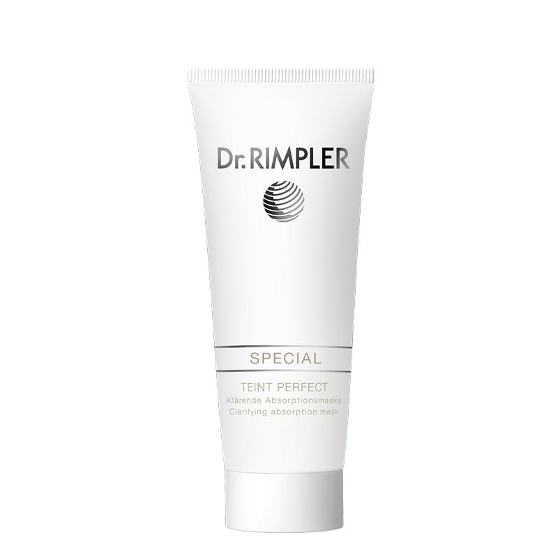 Weiße Tube mit "Dr. Rimpler"-Logo und "SPECIAL TEINT PERFECT"-Schriftzug. Klare Absorptionsmaske.