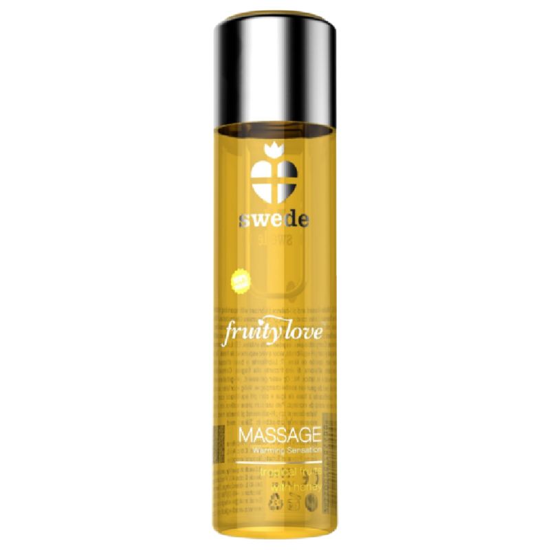 Flasche mit gelbem Massageöl, Marke Swede, Sorte Fruitylove.