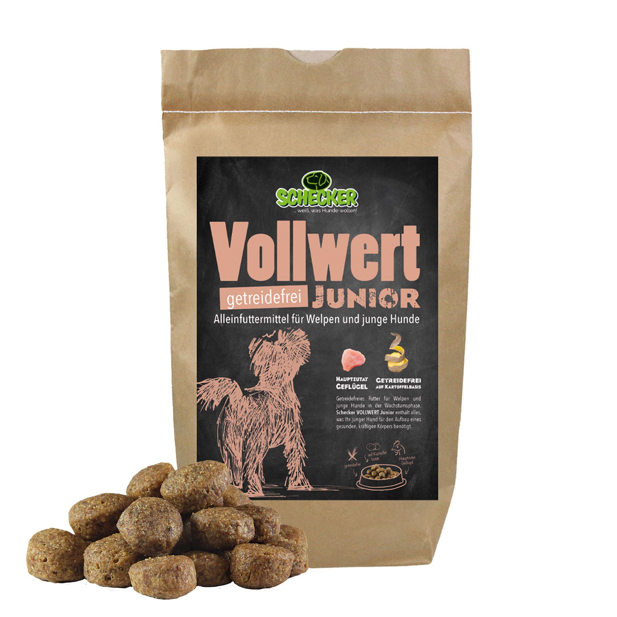 Trockenfutter-Beutel mit Aufdruck: Schecker Vollwert Junior, getreidefrei, Alleinfuttermittel für Welpen und junge Hunde. Haufen Kroketten.