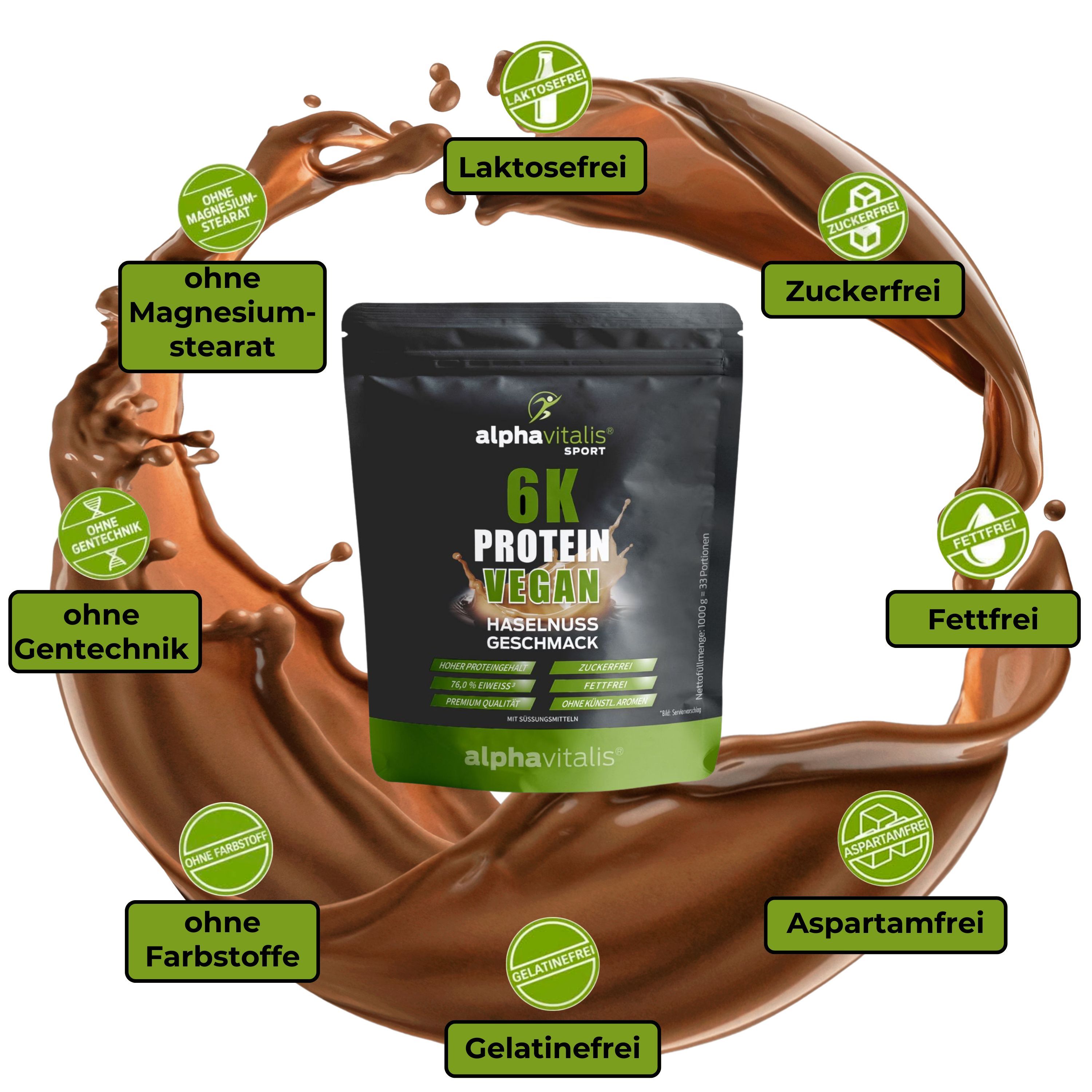 Alphavitalis® 6K Protein vegan: Laktosefrei, zuckerfrei, fettfrei, ohne Gentechnik, ohne Farbstoffe.