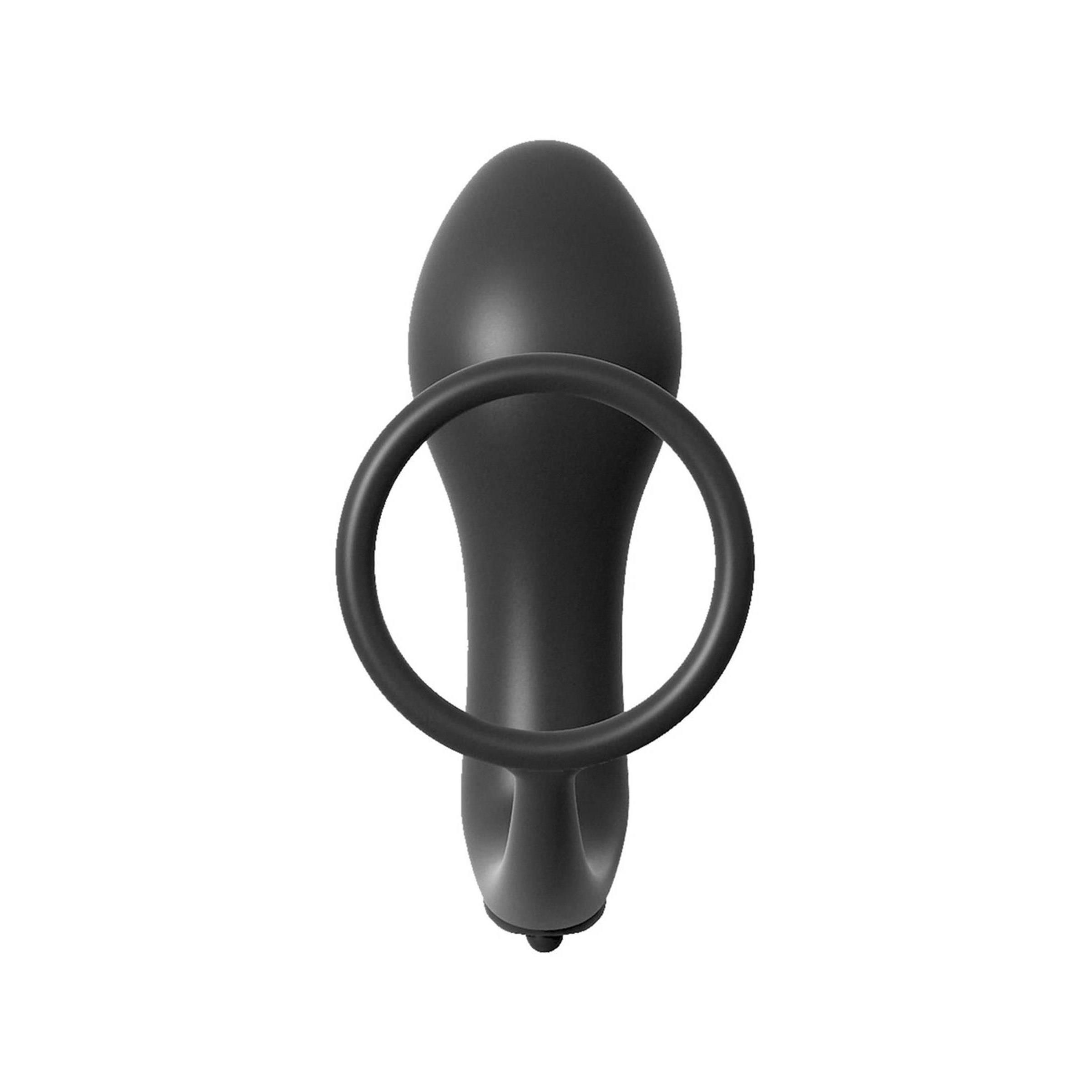 Schwarzer Cockring-Vibrator-Plug. Draufsicht. Besteht aus einem Ring und einem gebogenen Schaft mit abgerundetem Ende.