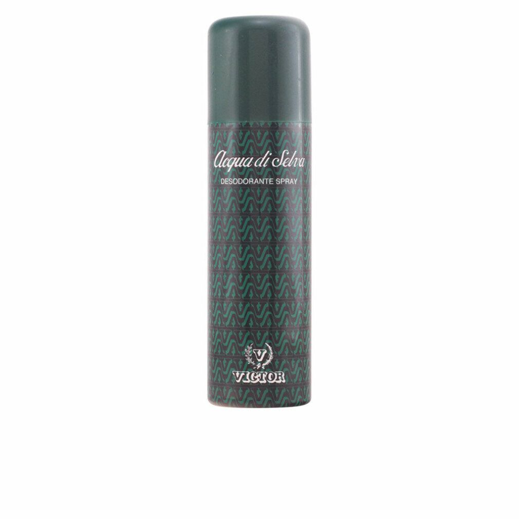 Deodorant-Spray. Grün-schwarzes Muster. Aufschrift: Acqua di Selva, Desodorante Spray, Victor. Zylindrische Form.