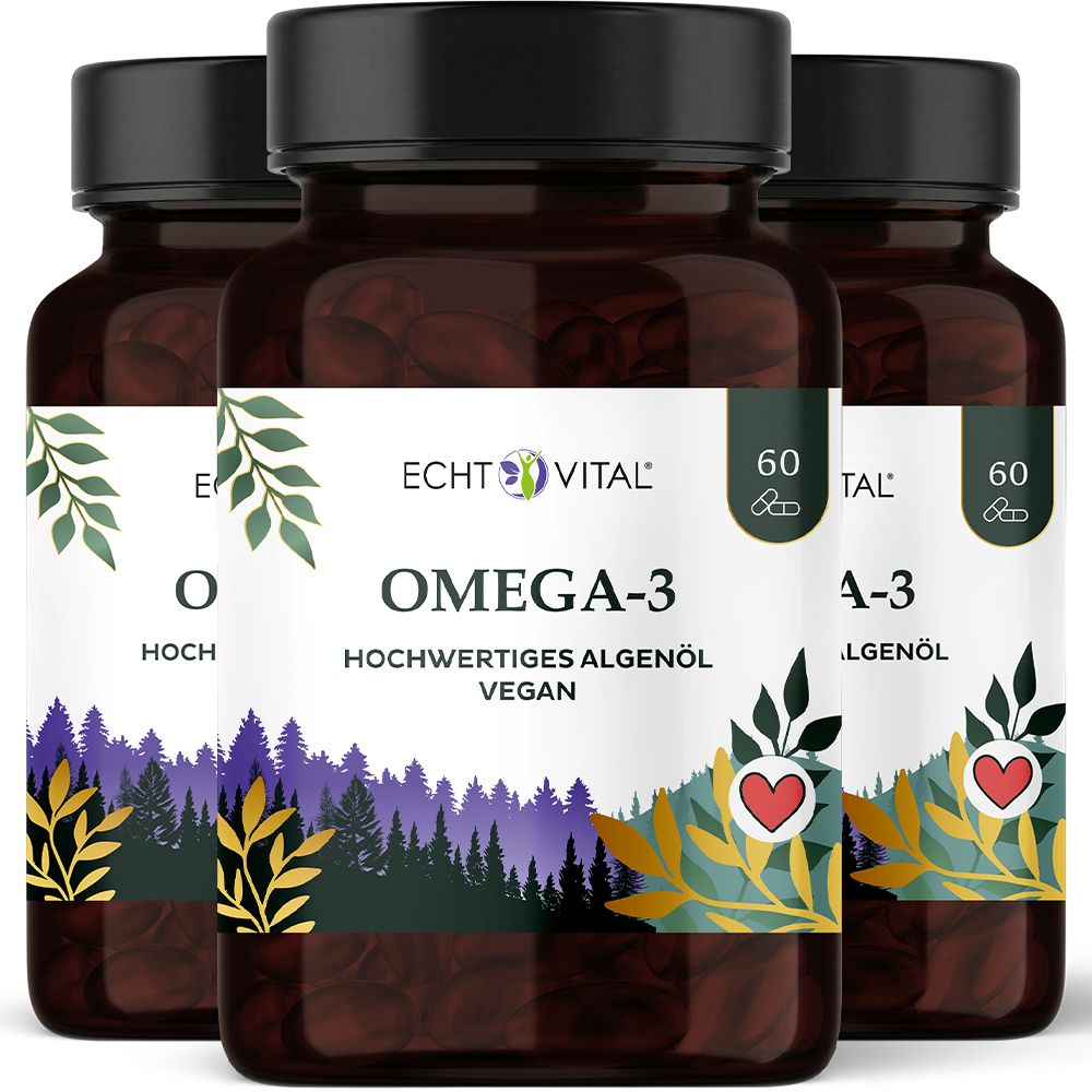 Drei Flaschen Echt Vital Omega-3 vegan, hochertiges Algenöl.