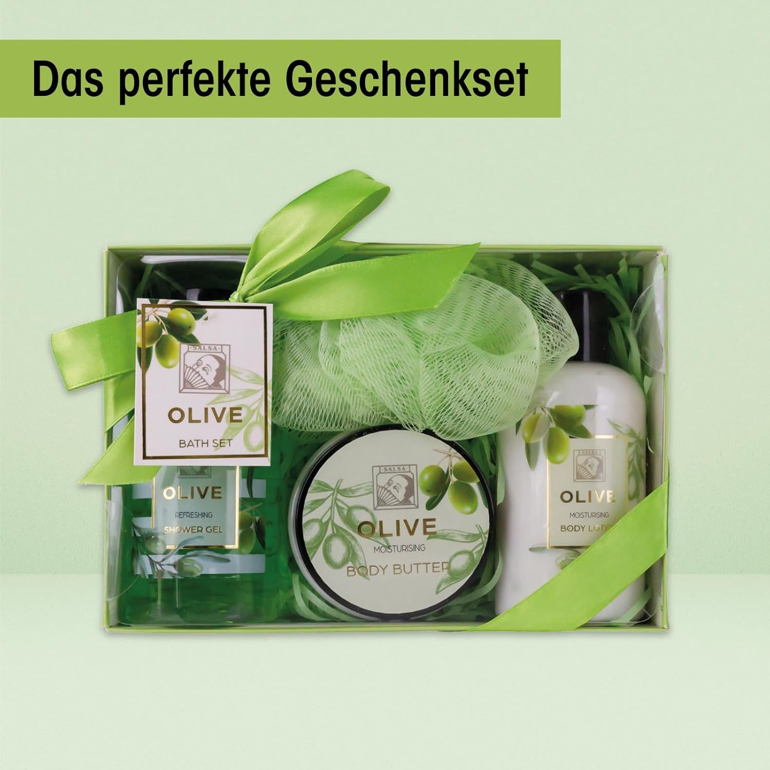 Geschenkset mit Olive-Produkten in grüner Box. Enthält Duschgel, Bodylotion, Body Butter und Badeschwamm. Grüne Schleife.